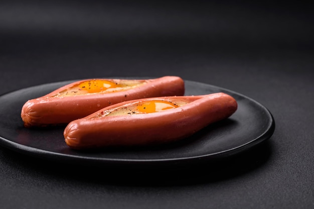 Composite concept of fried eggs inside a cut sausage with spices