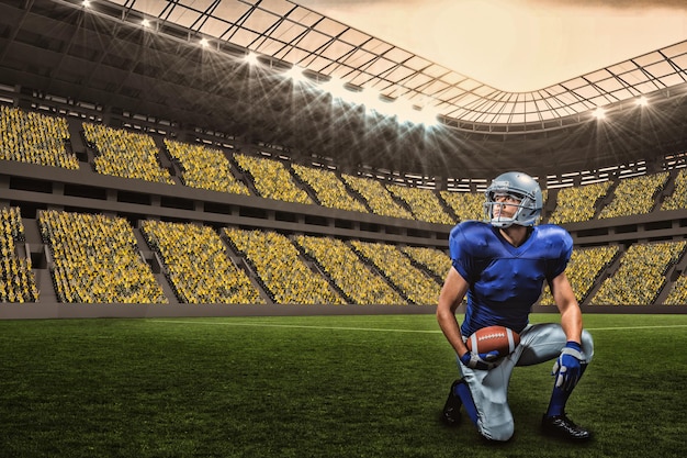 Составное изображение американского футболиста с мячом на коленях с 3d