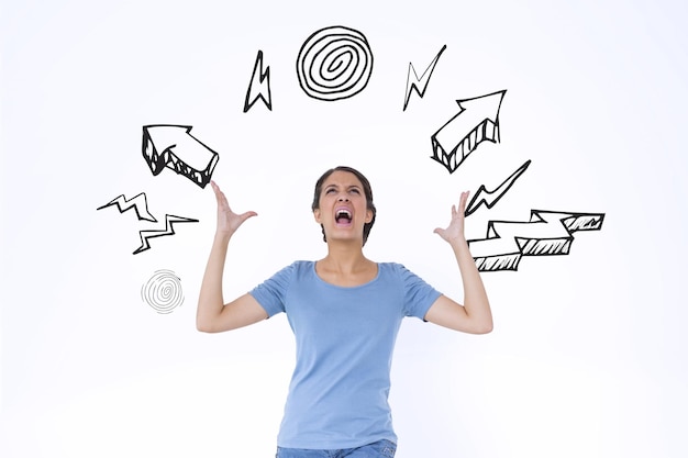 Composite image of annoyed brunette gesturing against arrows