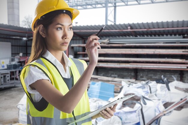 Composite image of architect woman with yellow helmet and plans