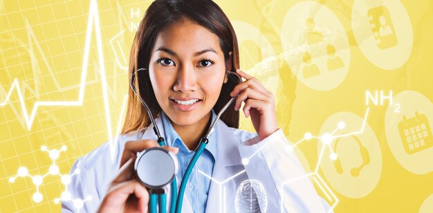 Photo composite image of asian doctor holding her stethoscope