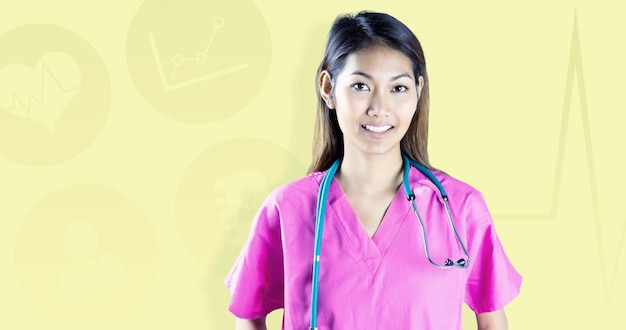 Composite image of asian nurse with stethoscope looking at the camera