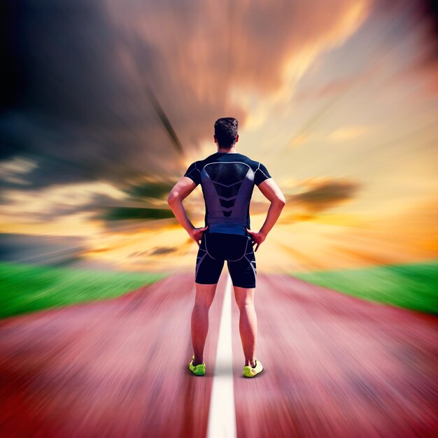 Composite image of athlete man posing with hands on hips