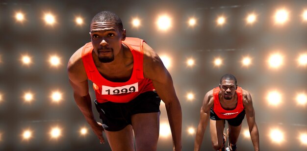 Composite image of athlete man in the starting block