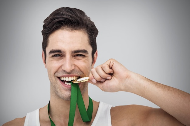 Composite image of athlete posing with gold medals