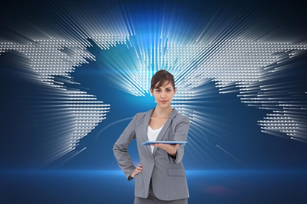 Photo composite image of attractive businesswoman holding tablet pc