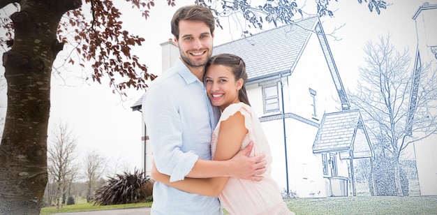 Composite image of attractive young couple hugging and smiling at camera