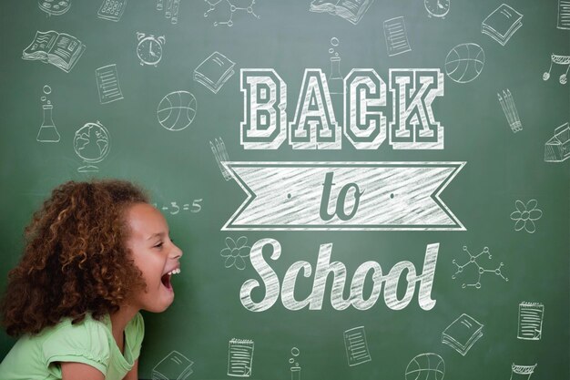 Photo composite image of back to school message against cute pupil shouting