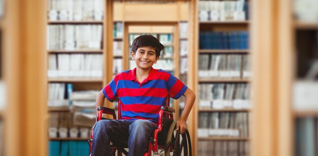 Composite image of boy sitting in wheelchair in school corridor