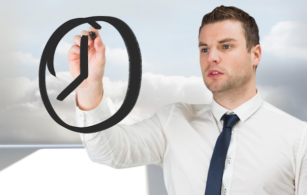 Photo composite image of business person drawing a black clock