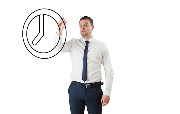 Composite image of business person drawing a clock on white background