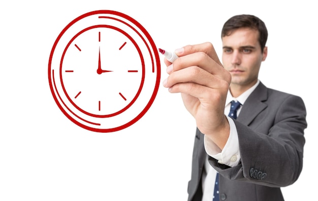 Foto immagine composita della persona di affari che disegna un orologio su priorità bassa bianca