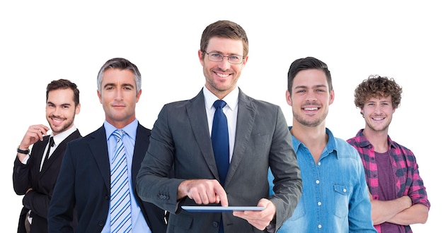 Composite image of businessman using his tablet pc