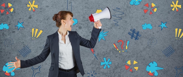 Composite image of businesswoman with loudspeaker