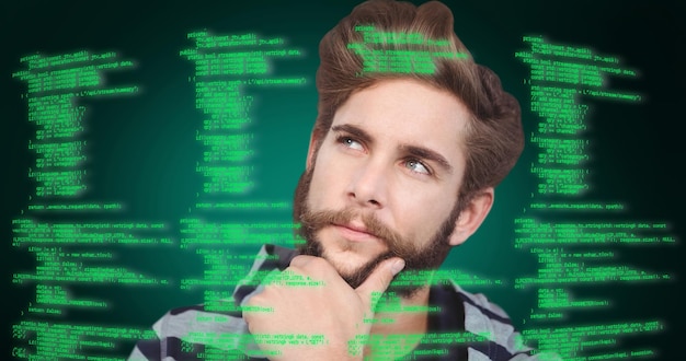 Composite image of closeup of thoughtful hipster with hand on chin