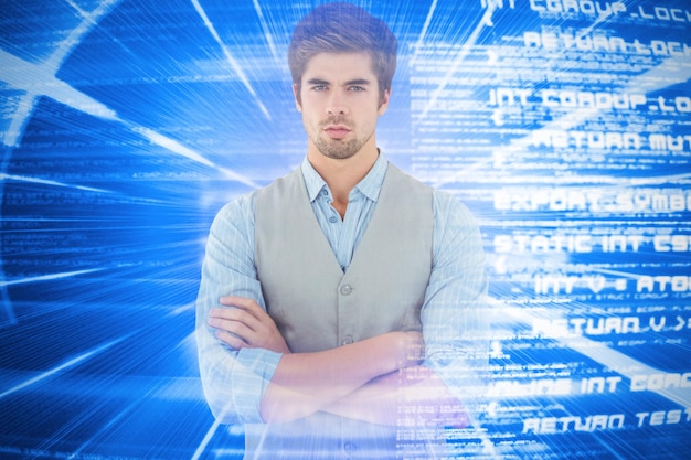 Composite image of confident businessman standing against wooden wall