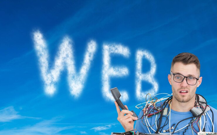 फोटो composite image of confused young it professional with cables and phone in front of open cpu