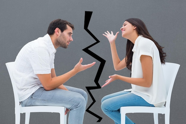 Composite image of couple sitting on chairs arguing