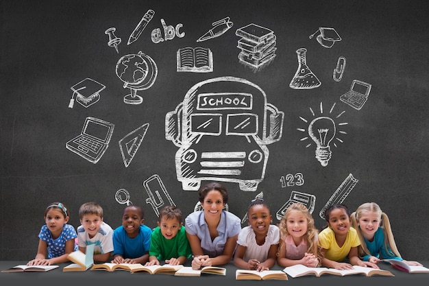 Composite image of cute pupils smiling at camera with teacher