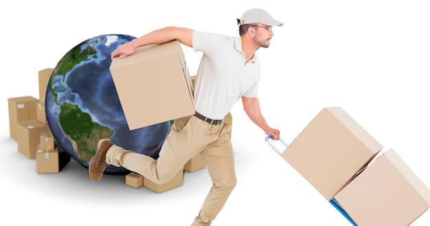 Composite image of delivery man with trolley of boxes running