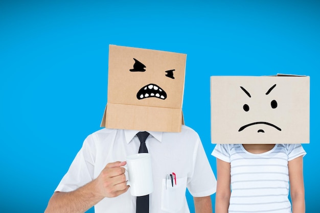 Composite image of depressed woman with box over head