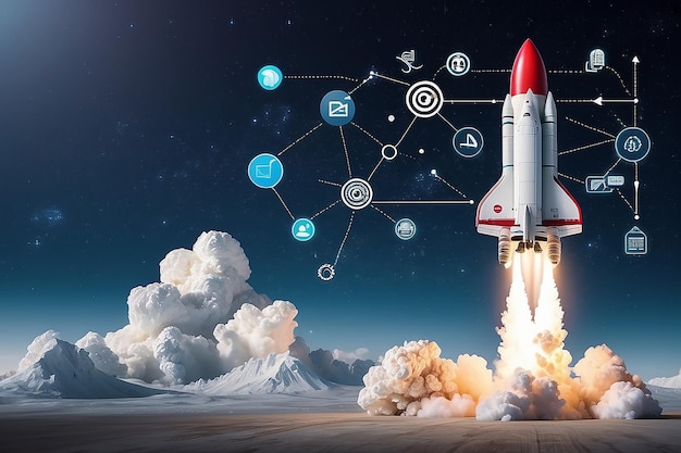 Композитное изображение цифровой маркетинговой ракеты