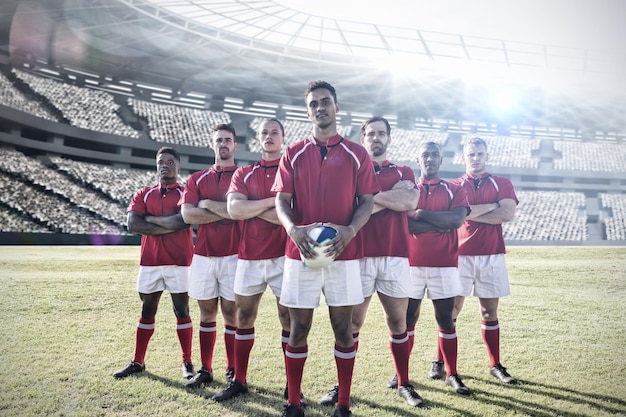 Composite image of diverse rugby players on field