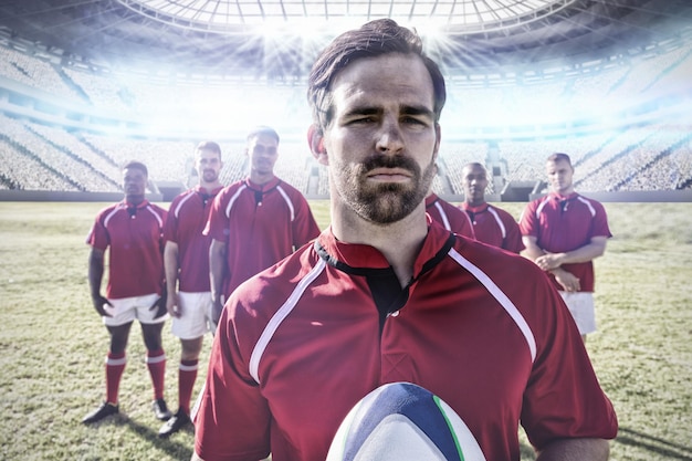 Composite image of diverse rugby players on field