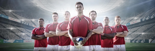 Composite image of diverse rugby players on field