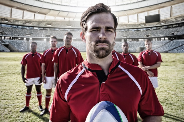 Composite image of diverse rugby players on field