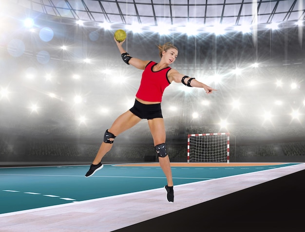 Composite image of female athlete with elbow pad throwing handball