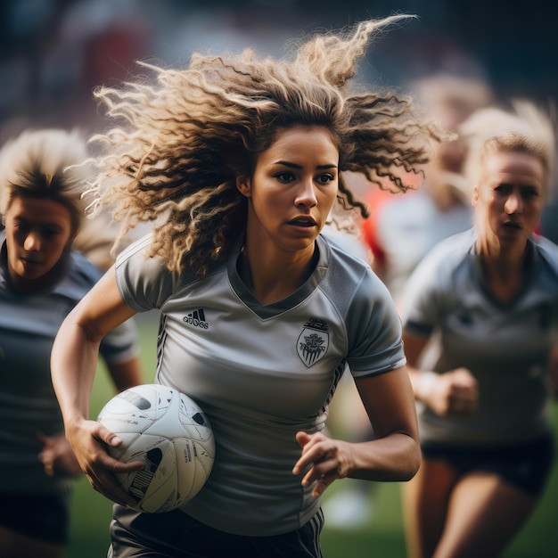 A composite image of a female football player in action