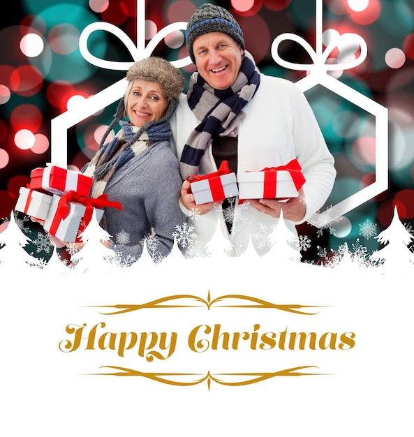 Photo composite image of festive mature couple holding christmas gifts