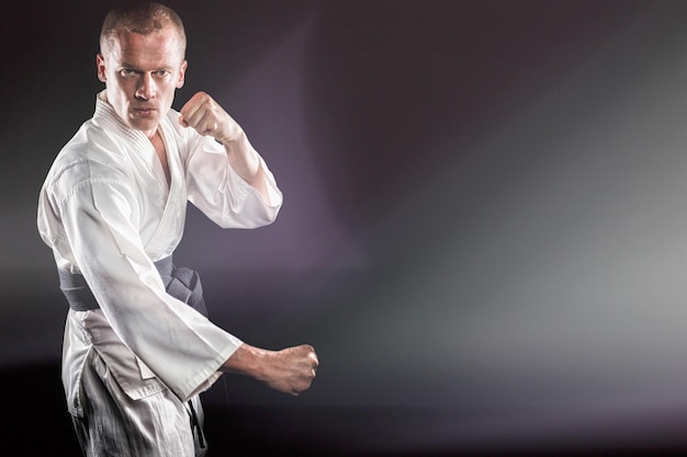 Composite image of fighter performing karate stance