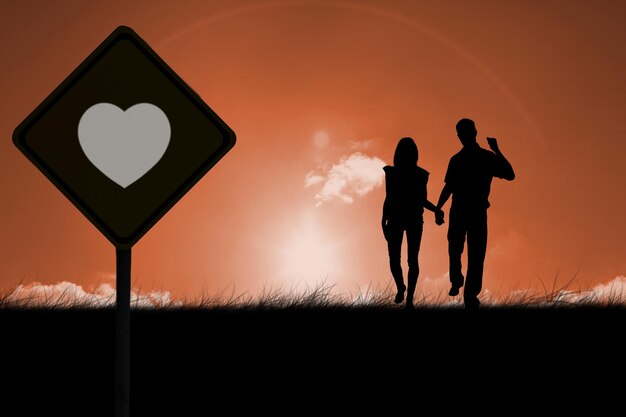 Composite image of happy couple walking holding hands