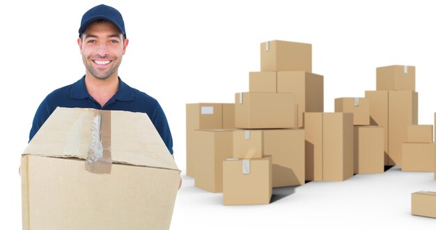 Composite image of happy delivery man holding cardboard box