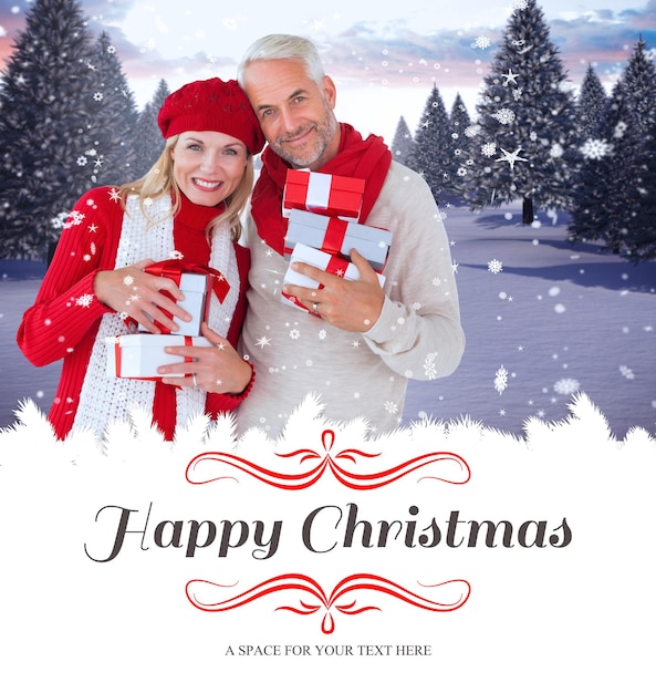 Photo composite image of happy festive couple with gifts