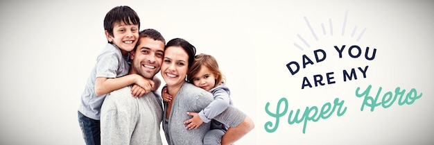 Composite image of happy parents giving children piggyback rides