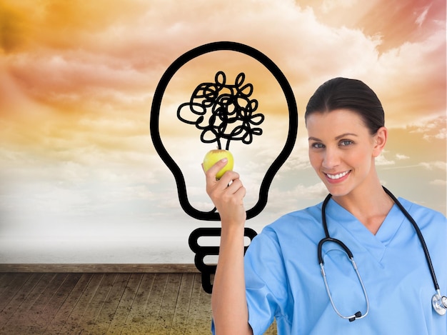 Composite image of happy surgeon holding an apple and smiling at camera