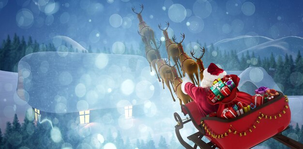 Photo composite image of high angle view of santa claus riding on sled with gift box