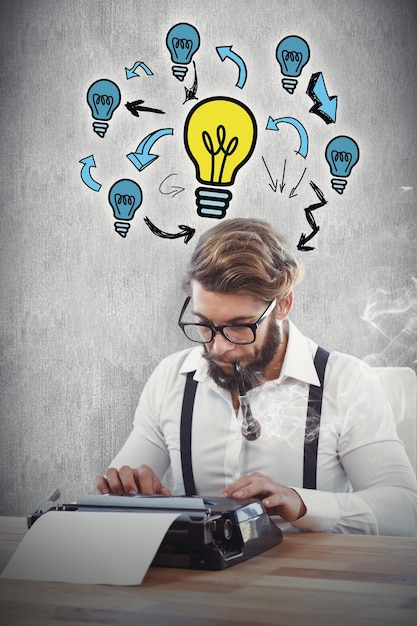 composite image of hipster smoking pipe while working on typewriter