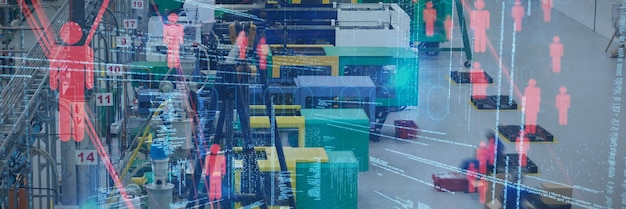 Composite image of illustration of virtual data against male\
factory workers in a factory warehouse building