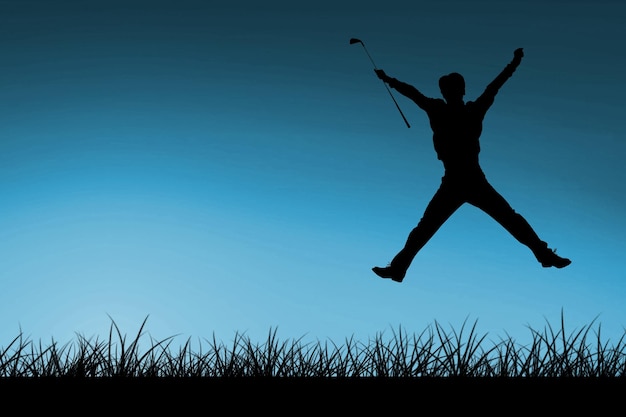 Composite image of man jumping with golf club