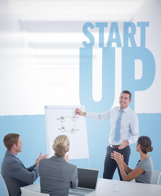 Composite image of manager presenting whiteboard to his colleagues