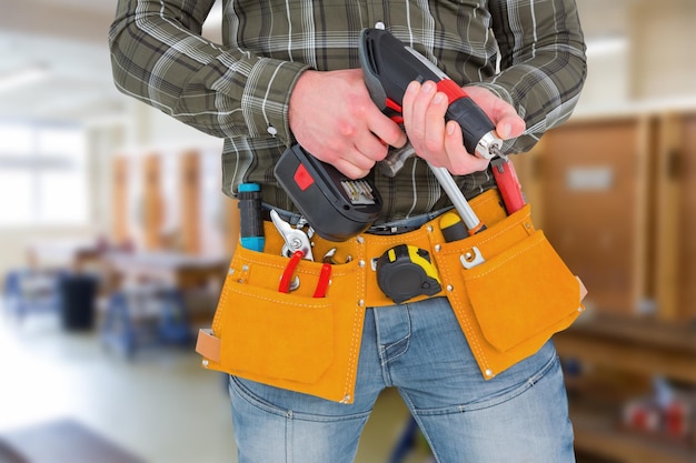 Photo composite image of manual worker holding gloves and hammer power drill