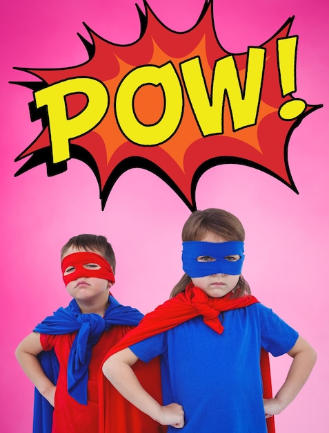 Composite image of masked kids pretending to be superheroes