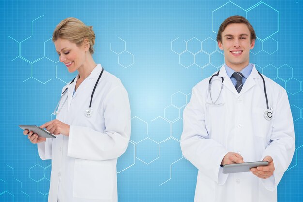 Composite image of medical team against chemical structure in blue and white