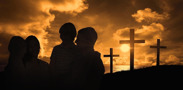 Composite image of mother and father carrying children over white background