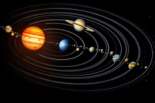 太陽系の複数の惑星が空に並んでいる複合画像