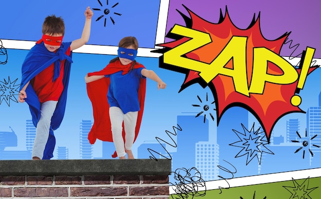 Фото Составное изображение детей в масках, идущих, притворяясь супергероями